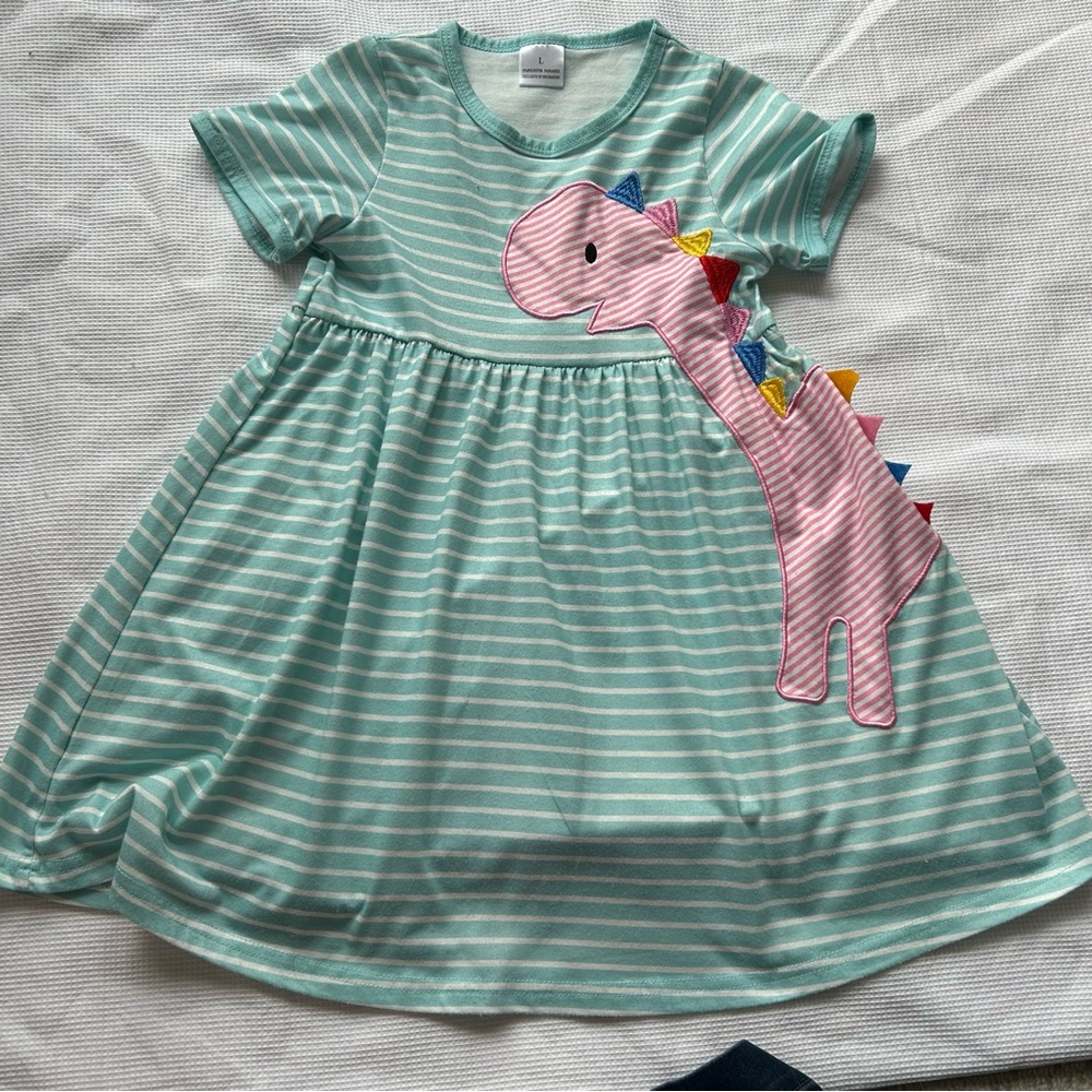 Playful Dinosaur Striped Kids Dress - Green and Pink